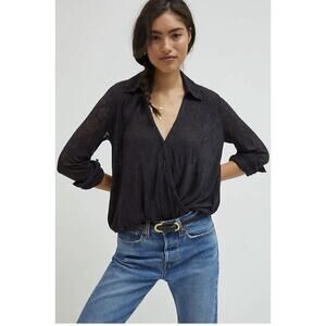 Anthropologie Maeve Lydia Burnout Black Sheer Wrap Blouse Size XS